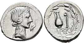 Q. Caecilius Metellus Pius, 81 BC. Denarius (Silver, 20 mm, 3.79 g, 11 h), Rome. Diademed head of Pietas to right; before, stork. Rev. IMPER Jug and l...