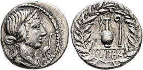 Q. Caecilius Metellus Pius, 81 BC. Denarius (Silver, 18 mm, 3.69 g, 7 h), Rome. Diademed head of Pietas to right; before, stork. Rev. IMPER Jug and li...