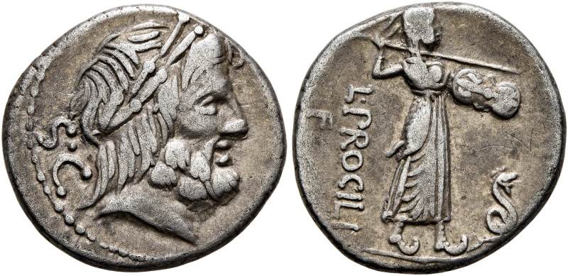 L. Procilius, 80 BC. Denarius (Silver, 18 mm, 3.81 g, 2 h), Rome. Laureate head ...