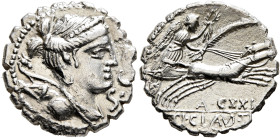 Ti. Claudius Ti.f. Ap.n. Nero, 79 BC. Denarius (Silver, 18 mm, 3.43 g, 5 h), Rome. S•C Diademed and draped bust of Diana to right, with bow and quiver...