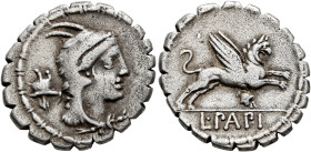 L. Papius, 79 BC. Denarius (Silver, 19 mm, 3.91 g, 6 h), Rome. Head of Juno Sospita to right, wearing goat-skin headdress; behind, horned helmet. Rev....