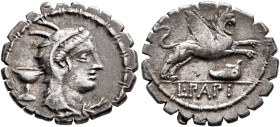 L. Papius, 79 BC. Denarius (Silver, 19 mm, 3.90 g, 6 h), Rome. Head of Juno Sospita to right, wearing goat-skin headdress; behind, cup or basin. Rev. ...