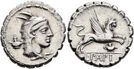 L. Papius, 79 BC. Denarius (Silver, 19 mm, 3.75 g, 6 h), Rome. Head of Juno Sospita to right, wearing goat-skin headdress; behind, oil flask. Rev. L•P...