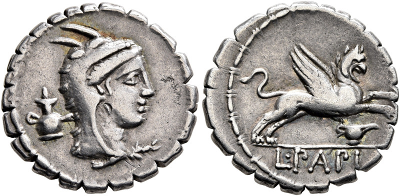 L. Papius, 79 BC. Denarius (Silver, 18 mm, 3.87 g, 12 h), Rome. Head of Juno Sos...