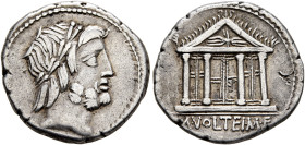 M. Volteius M.f, 78 BC. Denarius (Silver, 19 mm, 3.95 g, 6 h), Rome. Laureate head of Jupiter to right. Rev. M•VOLTEI•M•F Tetrastyle temple of Jupiter...