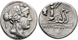 M. Volteius M.f, 78 BC. Denarius (Silver, 18 mm, 3.98 g, 4 h), Rome. Head of Liber to right, wearing wreath of ivy and fruit. Rev. M•VOLTEI•M•F Ceres,...