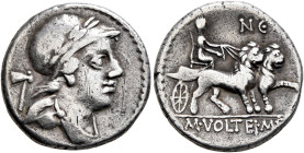 M. Volteius M.f, 78 BC. Denarius (Silver, 18 mm, 3.81 g, 5 h), Rome. Laureate, helmeted, and draped male bust to right; behind, axe. Rev. M•VOLTEI•M•F...
