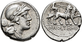 M. Volteius M.f, 78 BC. Denarius (Silver, 17 mm, 3.93 g, 1 h), Rome. Laureate, helmeted, and draped male bust to right; behind, shield. Rev. M•VOLTEI•...