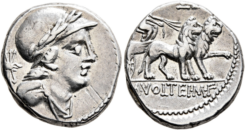 M. Volteius M.f, 78 BC. Denarius (Silver, 17 mm, 3.98 g, 7 h), Rome. Laureate, h...