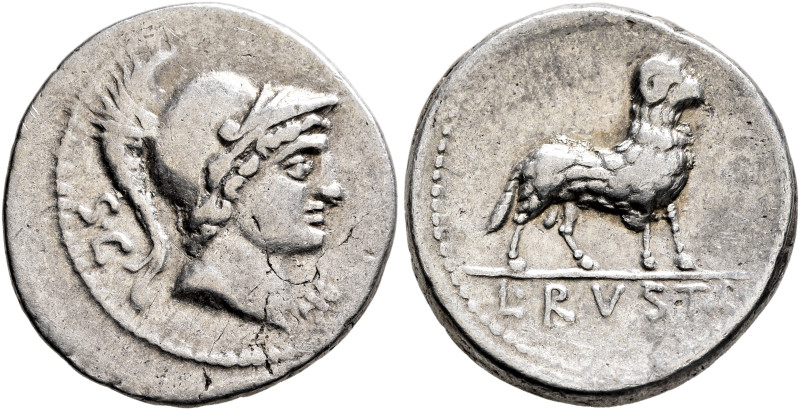 L. Rustius, 74 BC. Denarius (Silver, 20 mm, 3.82 g, 6 h), Rome. S•C Helmeted hea...