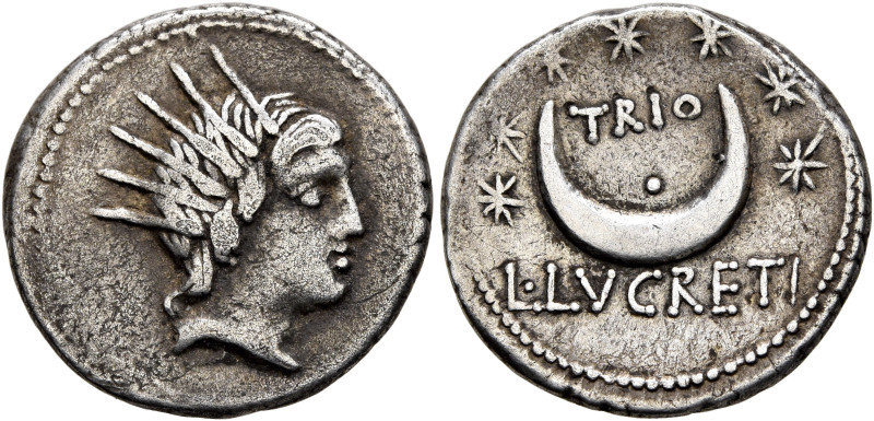 L. Lucretius Trio, 74 BC. Denarius (Silver, 19 mm, 3.73 g, 8 h), Rome. Radiate h...