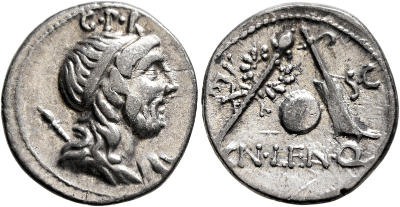 Cn. Cornelius Lentulus, 76-75 BC. Denarius (Silver, 19 mm, 3.69 g, 6 h), uncerta...