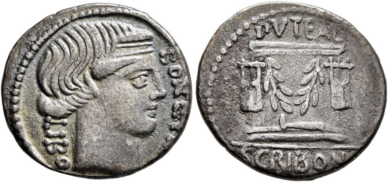 L. Scribonius Libo, 62 BC. Denarius (Silver, 19 mm, 3.85 g, 6 h), Rome. BON•EVEN...