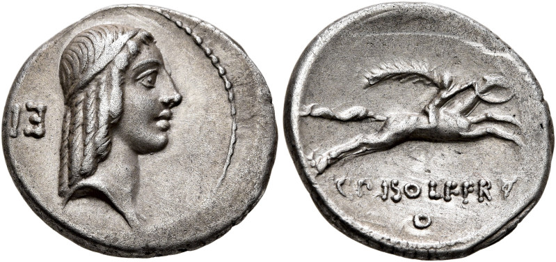 C. Piso L.f. Frugi, 61 BC. Denarius (Silver, 18 mm, 3.87 g, 6 h), Rome. Laureate...