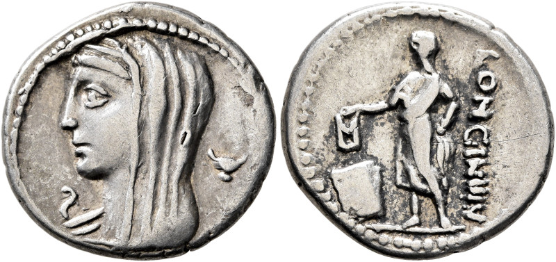 L. Cassius Longinus, 60 BC. Denarius (Silver, 20 mm, 3.74 g, 6 h), Rome. Veiled ...