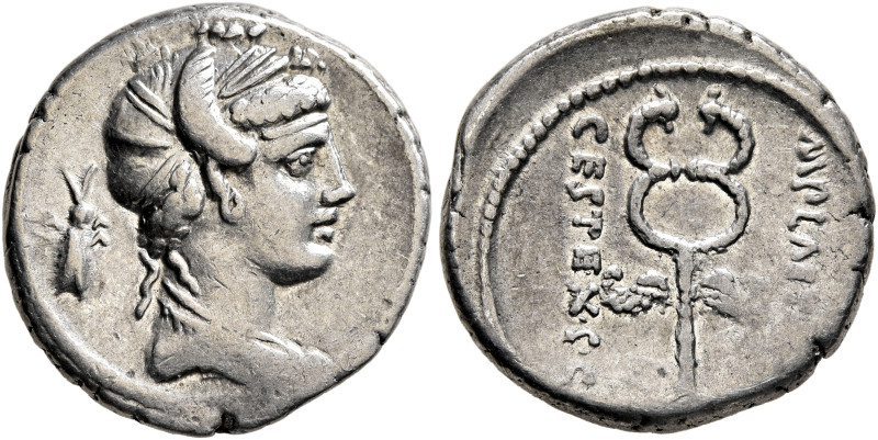 M. Plaetorius M.f. Cestianus, 57 BC. Denarius (Silver, 17 mm, 3.84 g, 2 h), Rome...