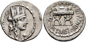 M. Plaetorius M.f. Cestianus, 57 BC. Denarius (Silver, 19 mm, 3.92 g, 5 h), Rome. CESTIANVS Turreted and draped bust of Cybele to right; behind, forep...