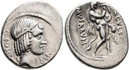 Q. Pomponius Musa, 56 BC. Denarius (Silver, 19 mm, 3.69 g, 6 h), Rome. Q•POMPONI MVSA Head of Apollo to right, wearing taenia. Rev. HERCVLES / MVSARVM...