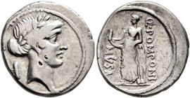 Q. Pomponius Musa, 56 BC. Denarius (Silver, 18 mm, 3.86 g, 6 h), Rome. Laureate head of Apollo to right; to left, volumen. Rev. Q•POMPONI / MVSA Clio,...