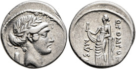 Q. Pomponius Musa, 56 BC. Denarius (Silver, 17 mm, 3.71 g, 6 h), Rome. Laureate head of Apollo to right; to left, volumen. Rev. Q•POMPONI / MVSA Clio,...