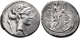 Q. Pomponius Musa, 56 BC. Denarius (Silver, 19 mm, 3.88 g, 5 h), Rome. Laureate head of Apollo to right; to left, flower on stem. Rev. Q•POMPONI / MVS...