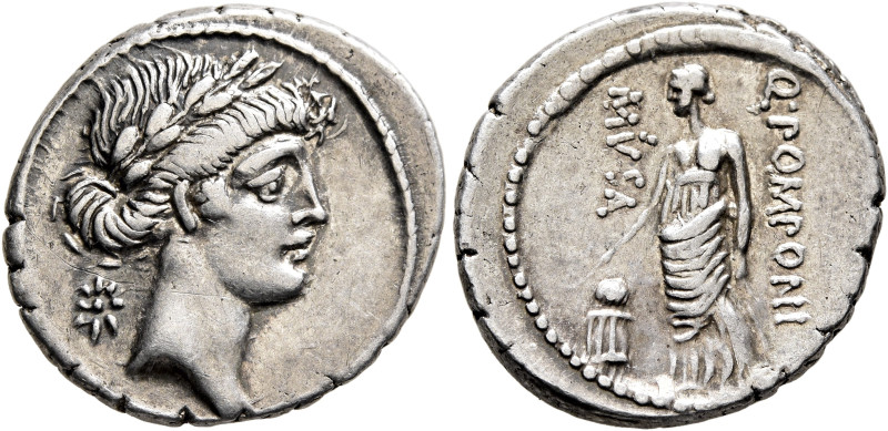 Q. Pomponius Musa, 56 BC. Denarius (Silver, 17 mm, 3.65 g, 3 h), Rome. Laureate ...