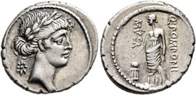 Q. Pomponius Musa, 56 BC. Denarius (Silver, 17 mm, 3.65 g, 3 h), Rome. Laureate head of Apollo to right; behind, star. Rev. Q•POMPONI / MVSA Urania, t...