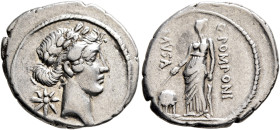 Q. Pomponius Musa, 56 BC. Denarius (Silver, 20 mm, 3.62 g, 6 h), Rome. Laureate head of Apollo to right; behind, star. Rev. Q•POMPONI / MVSA Urania, t...