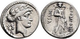 Q. Pomponius Musa, 56 BC. Denarius (Silver, 18 mm, 3.69 g, 6 h), Rome. Laureate head of Apollo to right; behind, wreath. Rev. Q•POMPONI / MVSA Polyhym...