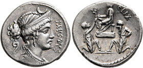 Faustus Cornelius Sulla, 56 BC. Denarius (Silver, 18 mm, 3.94 g, 6 h), Rome. FAVSTVS Draped bust of Diana to right, wearing stephane adorned with a cr...