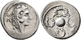 Faustus Cornelius Sulla, 56 BC. Denarius (Silver, 20 mm, 4.00 g), Rome. Head of Hercules to right, wearing lion skin headdress; behind, S•C. Rev. Glob...