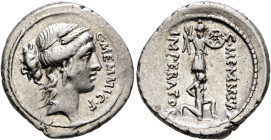 C. Memmius C.f, 56 BC. Denarius (Silver, 19 mm, 3.89 g, 12 h), Rome. C•MEMMI•C•F Head of Ceres to right, wearing wreath of grain ears and pendant earr...