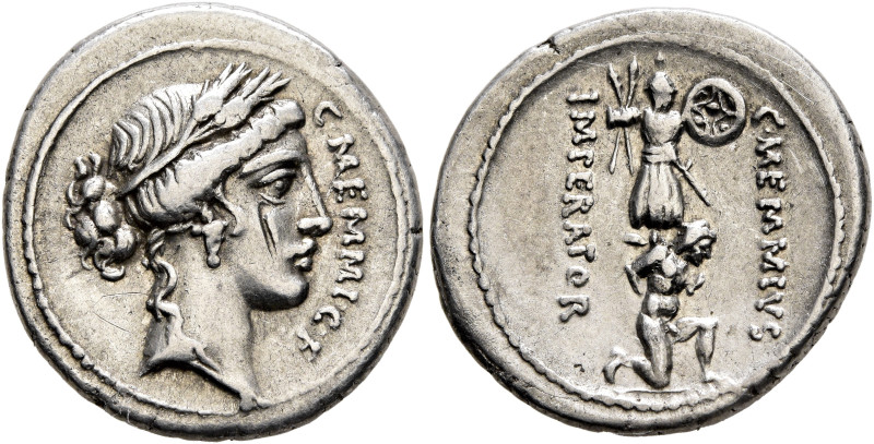 C. Memmius C.f, 56 BC. Denarius (Silver, 19 mm, 3.91 g, 11 h), Rome. C•MEMMI•C•F...