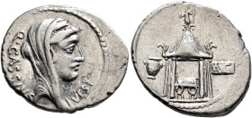 Q. Cassius Longinus, 55 BC. Denarius (Silver, 20 mm, 3.48 g, 4 h), Rome. Q•CASSIVS - VEST Veiled and diademed head of Vesta to right. Rev. Curule chai...