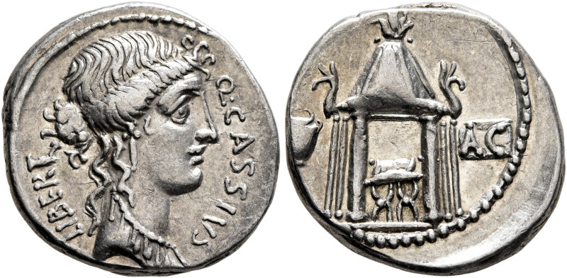 Q. Cassius Longinus, 55 BC. Denarius (Silver, 18 mm, 3.71 g, 3 h), Rome. Q•CASSI...