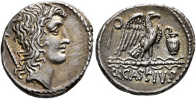 Q. Cassius Longinus, 55 BC. Denarius (Silver, 17 mm, 3.66 g, 9 h), Rome. Head of Genius Populi Romani to right; behind, scepter. Rev. Q•CASSIVS Eagle ...