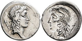 Q. Cassius Longinus, 55 BC. Denarius (Silver, 19 mm, 3.43 g), brockage mint error, Rome. Head of Genius Populi Romani to right; behind, scepter. Rev. ...