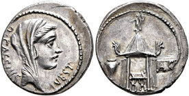 Q. Cassius Longinus, 55 BC. Denarius (Silver, 19 mm, 3.93 g, 6 h), Rome. Q•CASSIVS - VEST Veiled and diademed head of Vesta to right. Rev. Curule chai...