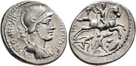 P. Fonteius P.f. Capito, 55 BC. Denarius (Silver, 19 mm, 4.00 g, 12 h), Rome. P•FONTEIVS•CAPITO•III•VIR Helmeted and draped bust of Mars to right, tro...