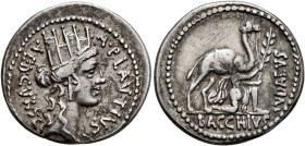 A. Plautius, 55 BC. Denarius (Silver, 19 mm, 3.13 g, 12 h), Rome. A•PLAVTIVS / AED•CVR•S•C Head of Cybele to right, wearing turreted crown and pendant...