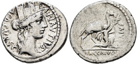 A. Plautius, 55 BC. Denarius (Silver, 19 mm, 3.67 g, 1 h), Rome. A•PLAVTIVS / AED•CVR•S•C Head of Cybele to right, wearing turreted crown and pendant ...