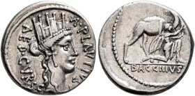 A. Plautius, 55 BC. Denarius (Silver, 17 mm, 3.77 g, 6 h), Rome. A•PLAVTIVS / AED•CVR•S•C Head of Cybele to right, wearing turreted crown and pendant ...