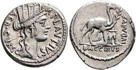 A. Plautius, 55 BC. Denarius (Silver, 19 mm, 3.89 g, 4 h), Rome. A•PLAVTIVS / AED•CVR•S•C Head of Cybele to right, wearing turreted crown and pendant ...