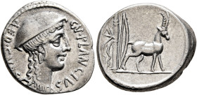 Cn. Plancius, 55 BC. Denarius (Silver, 18 mm, 3.92 g, 4 h), Rome. CN•PLANCIVS AED•CVR•S•C Female head to right, wearing causia. Rev. Cretan goat stand...