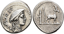 Cn. Plancius, 55 BC. Denarius (Silver, 18 mm, 3.96 g, 6 h), Rome. CN•PL[ANCIVS] AED•CVR•S•C Female head to right, wearing causia. Rev. Cretan goat sta...