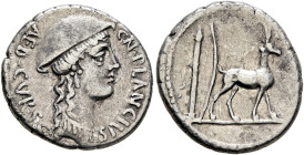 Cn. Plancius, 55 BC. Denarius (Silver, 17 mm, 3.95 g, 3 h), Rome. CN•PLANCIVS AED•CVR•S•C Female head to right, wearing causia. Rev. Cretan goat stand...