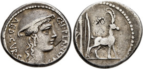 Cn. Plancius, 55 BC. Denarius (Silver, 18 mm, 3.65 g, 12 h), Rome. CN•PLANCIVS AED•CVR•S• Female head to right, wearing causia. Rev. Cretan goat stand...