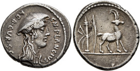 Cn. Plancius, 55 BC. Denarius (Silver, 19 mm, 4.00 g, 3 h), Rome. CN•PLANCIVS AED•CVR•S•C Female head to right, wearing causia. Rev. Cretan goat stand...