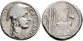 Cn. Plancius, 55 BC. Denarius (Silver, 18 mm, 3.85 g, 7 h), Rome. CN•PLANCIVS AED•CVR•S•C Female head to right, wearing causia. Rev. Cretan goat stand...