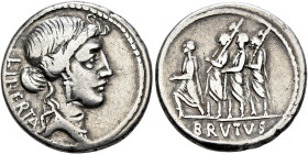 M. Junius Brutus, 54 BC. Denarius (Silver, 19 mm, 4.07 g, 5 h), Rome. LIBERTAS Head of Libertas to right, wearing pendant earring and necklace. Rev. B...